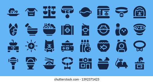 bowl icon set. 32 filled bowl icons. on blue background style Simple modern icons about  - Salad, Dog, Sink, Rattle, Noodles, Mortar, Balance, Toilet, Cat, Collar, Veterinary