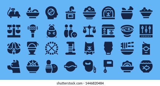 bowl icon set. 32 filled bowl icons. on blue background style Simple modern icons about  - Mouse toy, Balance, Hamster, Dog, Salad, Rattle, Toilet, Hamster ball, Bowling, Sink