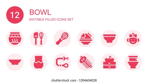 bowl icon set. Collection of 12 filled bowl icons included Fishbowl, Mixer, Nachos, Bowl, Vase, Leash, Dung, Sink, Baby, Toilet