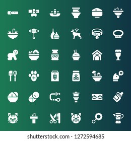 bowl icon set. Collection of 36 filled bowl icons included Mixer, Rattle, Cat, Grooming, Sink, Sauce, Toilet, Leash, Baby, Salad, Dog food, Cereal, Veterinary, Goblet, Kennel