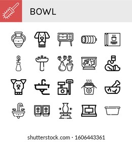bowl icon set. Collection of Toilet brush, Vase, Dog, Buffet, Boiled, Soup, Washbasin, Fish tank, Veterinary, Sink, Scratching post, Noodles, Mortar, Sauces, Ceramic, Collar icons