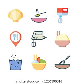 bowl icon set. vector set about food, soup, hand wash and clam icons set.