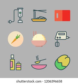 bowl icon set. vector set about nuts, noodles, mixer and olive oil icons set.