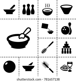 Bowl icons. set of 13 editable filled bowl icons such as bowl, porridge, toilet brush, bowling, pasta and wine glass, soup, bowling ball