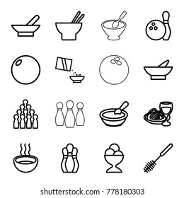 Bowl icons. set of 16 editable outline bowl icons such as bowl, porridge, toilet brush, bowling, asian food, ice cream ball, pasta and wine glass, soup, bowling ball