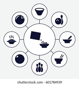 bowl icons set. Set of 9 bowl filled icons such as bowl, asian food, cereal, bowling, bowling ball