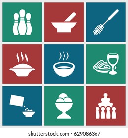 Bowl icons set. set of 9 bowl filled icons such as bowl, toilet brush, ice cream ball, pasta and wine glass, soup, cereal