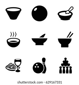 Bowl icons set. set of 9 bowl filled icons such as porridge, bowl, asian food, pasta and wine glass, soup, bowling