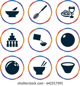 Bowl icons set. set of 9 bowl filled icons such as bowl, toilet brush, asian food, pasta and wine glass, cereal, bowling