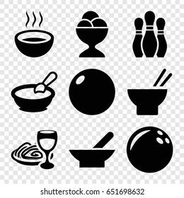 Bowl icons set. set of 9 bowl filled icons such as bowl, porridge, asian food, ice cream ball, pasta and wine glass, soup, bowling