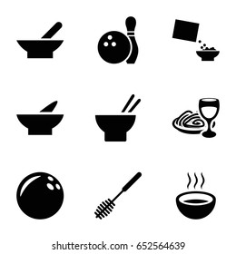Bowl icons set. set of 9 bowl filled icons such as bowl, toilet brush, asian food, pasta and wine glass, soup, cereal, bowling