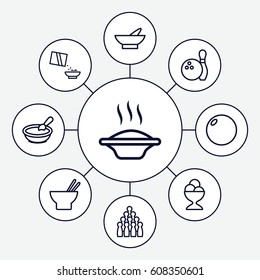 Bowl icons set. set of 9 bowl outline icons such as porridge, bowl, asian food, ice cream ball, cereal, bowling, soup