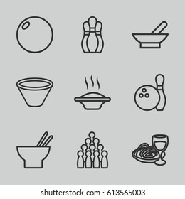 Bowl icons set. set of 9 bowl outline icons such as bowl, asian food, pasta and wine glass, bowling, soup