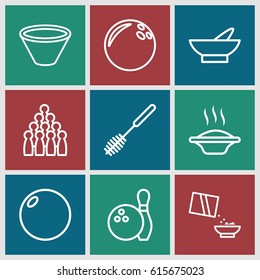 Bowl icons set. set of 9 bowl outline icons such as bowl, toilet brush, cereal, bowling, soup