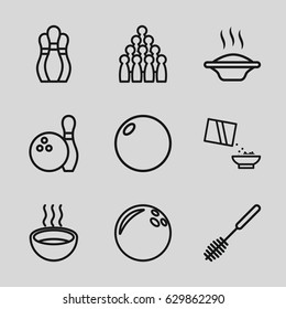 Bowl icons set. set of 9 bowl outline icons such as toilet brush, soup, cereal, bowling