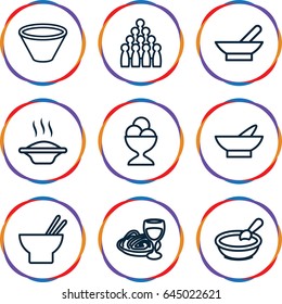 Bowl icons set. set of 9 bowl outline icons such as bowl, porridge, asian food, ice cream ball, pasta and wine glass, soup