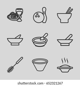 Bowl icons set. set of 9 bowl outline icons such as bowl, porridge, toilet brush, asian food, pasta and wine glass, bowling