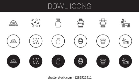 bowl icons set. Collection of bowl with pet food, sprinkles, vase, setting the table. Editable and scalable bowl icons.