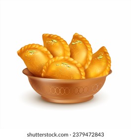 Bowl with Indian sweets (or mithai) gujiya isolated on white. Pies with nut filling. Traditional dessert for many Hindu festivals (Pongal, Holi, Diwali). Vector illustration. 