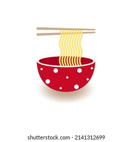 Bowl of instant noodles, chopsticks, Asian food design. Vector illustration.