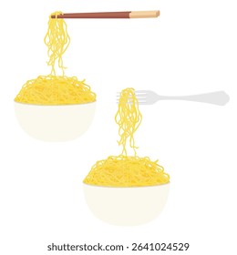 Bowl of instant noodles with fork or chopsticks isolated on white background. Eating yummy ramen soup noodles. Vector