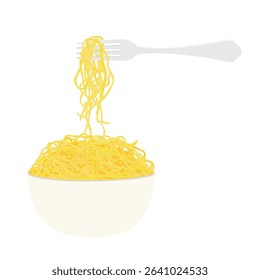 Bowl of instant noodles with fork isolated on white background. Eating yummy ramen soup noodles. Vector