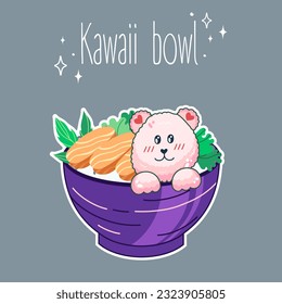 Bowl in Kawaii style. Cute, colorful illustrations. Japanese food. Anime. Vector. Perfect for flyers, posters, and discount cards.