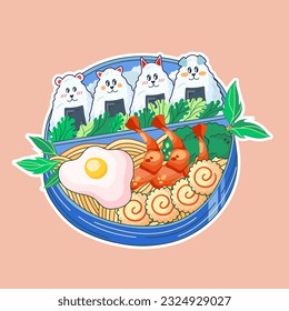 Bowl in Kawaii style. Cute, colorful illustrations. Japanese food. Anime. Vector. Perfect for flyers, posters, and discount cards.
