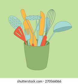 Bowl with kitchenware. Vector illustration.