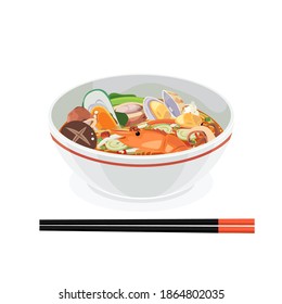 A bowl of korea seafood noodle or ramen hot and spicy soup.