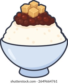 A bowl of Korean shaved ice dessert with red beans and injeolmi rice cake topping.