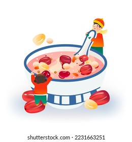 A bowl of Laba porridge with red dates, lotus seeds and various dried fruits, vector illustration, Chinese translation: Laba Festival