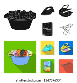 A bowl with laundry, iron, ironing press, washing powder. Dry cleaning set collection icons in black, flat style vector symbol stock illustration web.