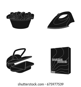 A bowl with laundry, iron, ironing press, washing powder. Dry cleaning set collection icons in black style vector symbol stock illustration web.