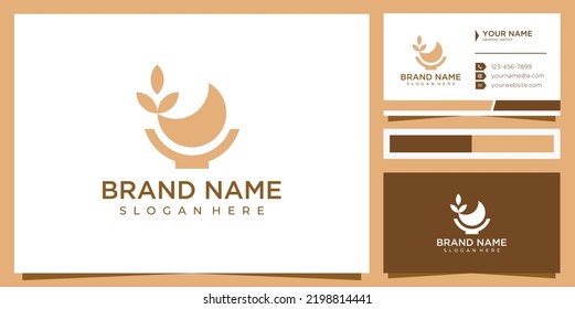 Bowl Leaf nature logo design concept with business card