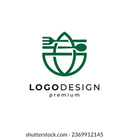 bowl with leaf, spoon and fork for food, salad or restaurant logo design