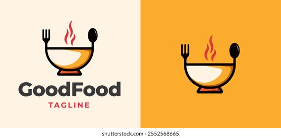 Bowl logo design illustration for restaurant icon with fork and spoon concept. Bowl with fork and spoon logo design concept delicious food illustration. Bowl and leaf logo design vector template