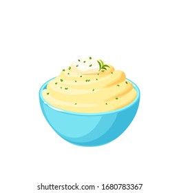 A bowl of mashed potatoes with butter and herbs. Vector illustration cartoon flat icon isolated on white background.