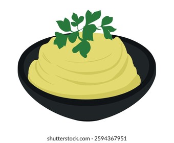 A bowl of mashed potatoes with butter and herbs. Vector illustration cartoon flat icon isolated on white background. Delicious and healthy mashed potatoes in a bowl.