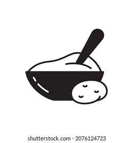 Bowl of mashed potatoes with stuck spoon, silhouette icon. Black simple vector of puree food. Contour isolated pictogram on white background