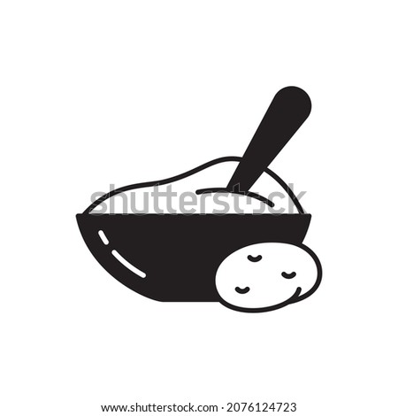 Bowl of mashed potatoes with stuck spoon, silhouette icon. Black simple vector of puree food. Contour isolated pictogram on white background