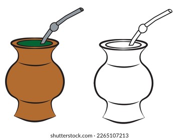 Bowl of chimarrão or Mate. It is a drink produced by infusing the ground yerba mate plant in hot water in a gourd with a pump. Vector illustration.