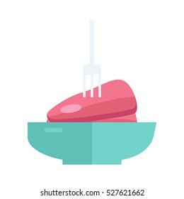 Bowl with meat Illustration. Flat style design. Fresh steak in deep color plate with stuck fork ready for cooking. Raw product from the farm. Isolated on white background.  