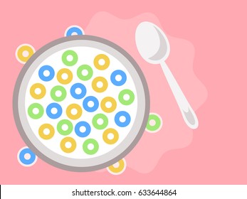 Bowl of milk with cereal, flat style vector illustration.