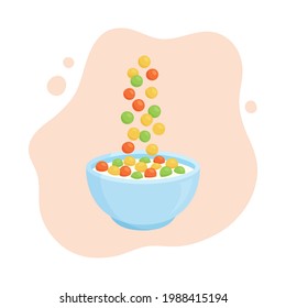 Bowl milk cereal vector breakfast. Cartoon oats. Sweet flavors. Falling colorful cornflakes isolated on white background. Healthy food for kids illustration