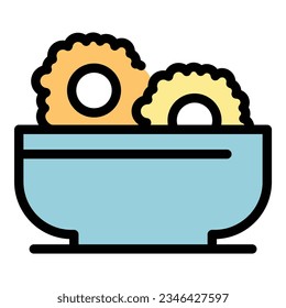 Bowl milk flakes icon outline vector. Cereal breakfast. Spoon eating color flat