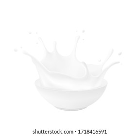 Bowl with milk splashes and drops isolated on white background. Vector illustration. Can be use for your design. EPS10.