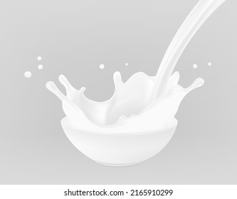 Bowl with milk splashes and drops isolated on grey background. Vector illustration. Can be use for your design. EPS10.