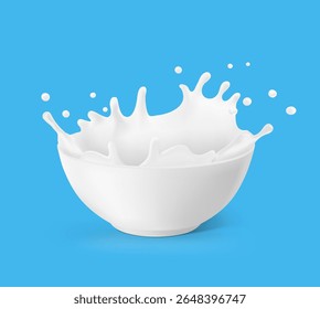 Bowl with milk splashes and drops. Vector illustration on colour background. Can be use for your design. EPS10.