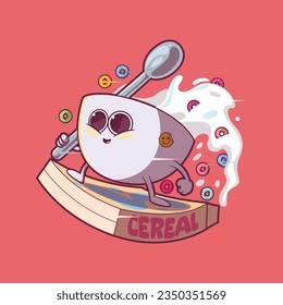 Bowl with milk surfing a cereal box vector illustration. Food, energy, funny design concept.